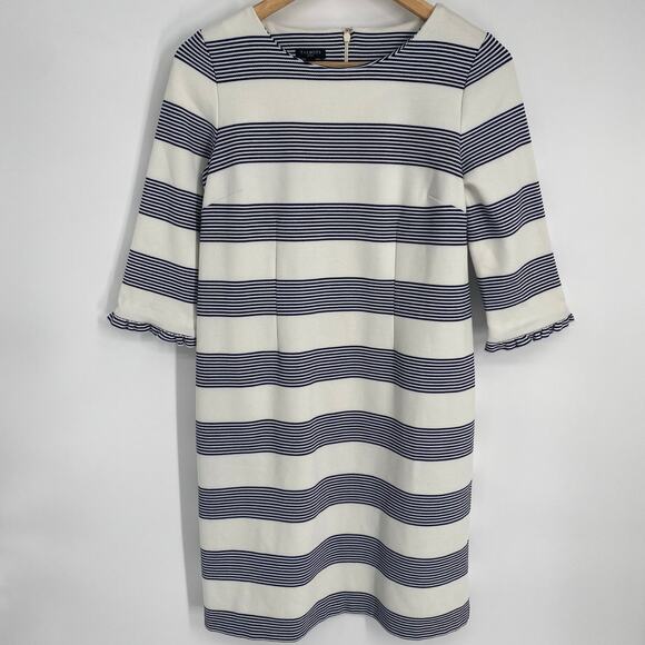 Talbots Dress Womens 4P Navy & White Striped Nautical Coastal Preppy Ruffle Cuff - Picture 1 of 7